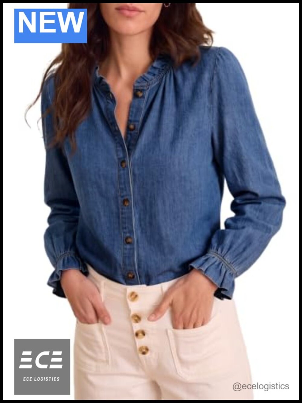 Womens Denim Button Down Shirt Ruffled Ruffle Long Sleeve Cotton Blouse
